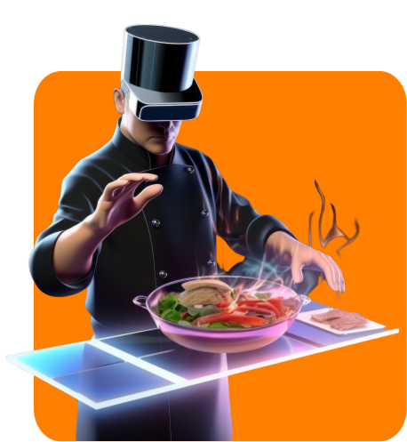 Chef cuisinier entrain de faire à manger sur un holograme