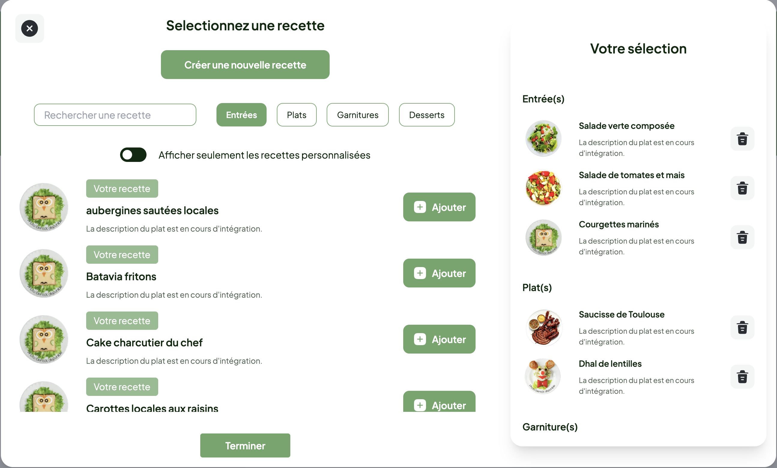 Capture d'écran affichant l'ajout de plat dans un menu avec le dashboard YOC