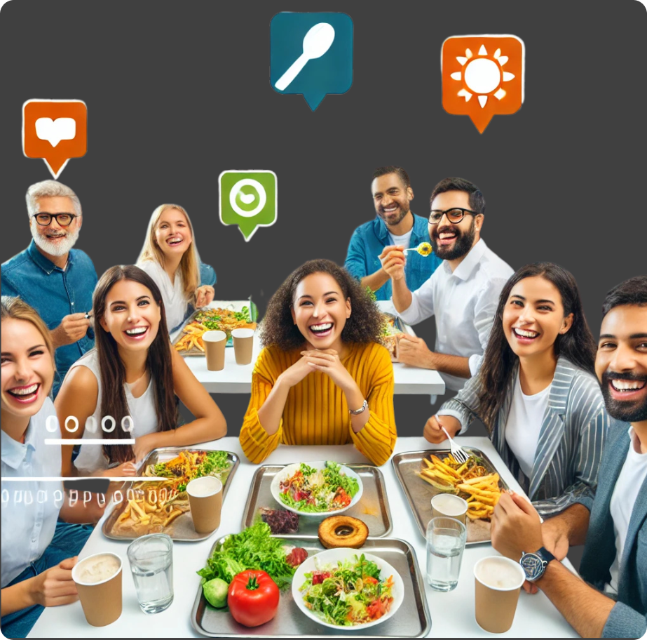 Un groupe de personne entrain de manger en souriant